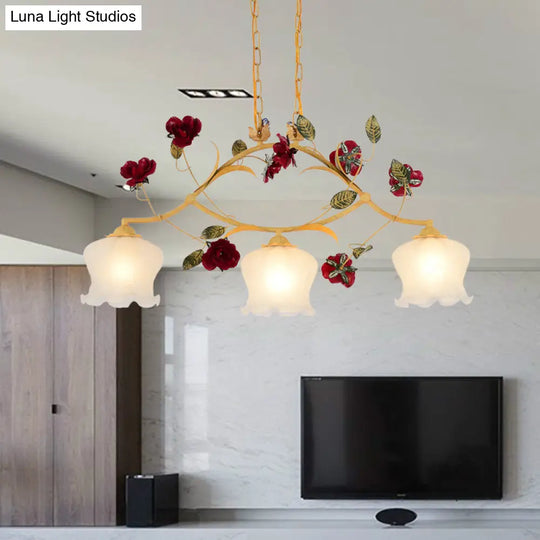 Korean Garden Frosted Glass Dining Room Chandelier Lighting - Ginger Floral Drop Pendant With 2/3