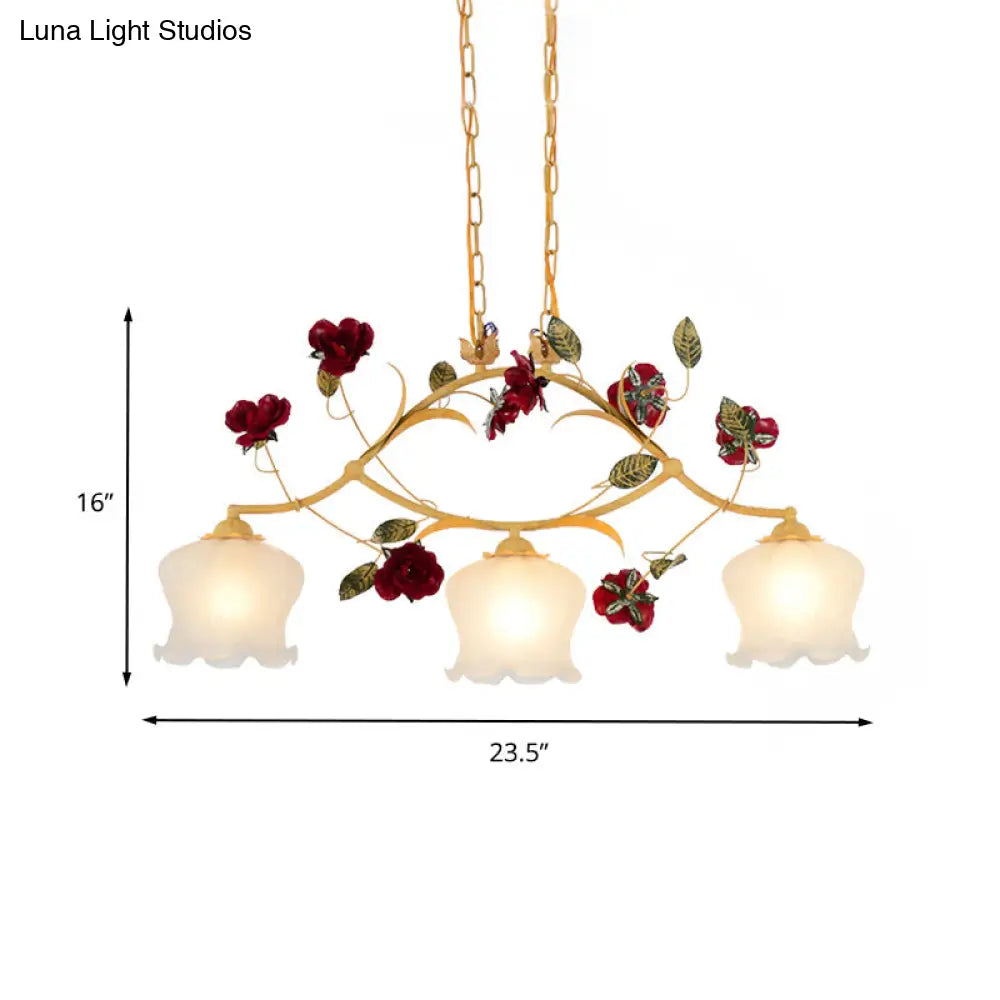 Korean Garden Frosted Glass Dining Room Chandelier Lighting - Ginger Floral Drop Pendant With 2/3