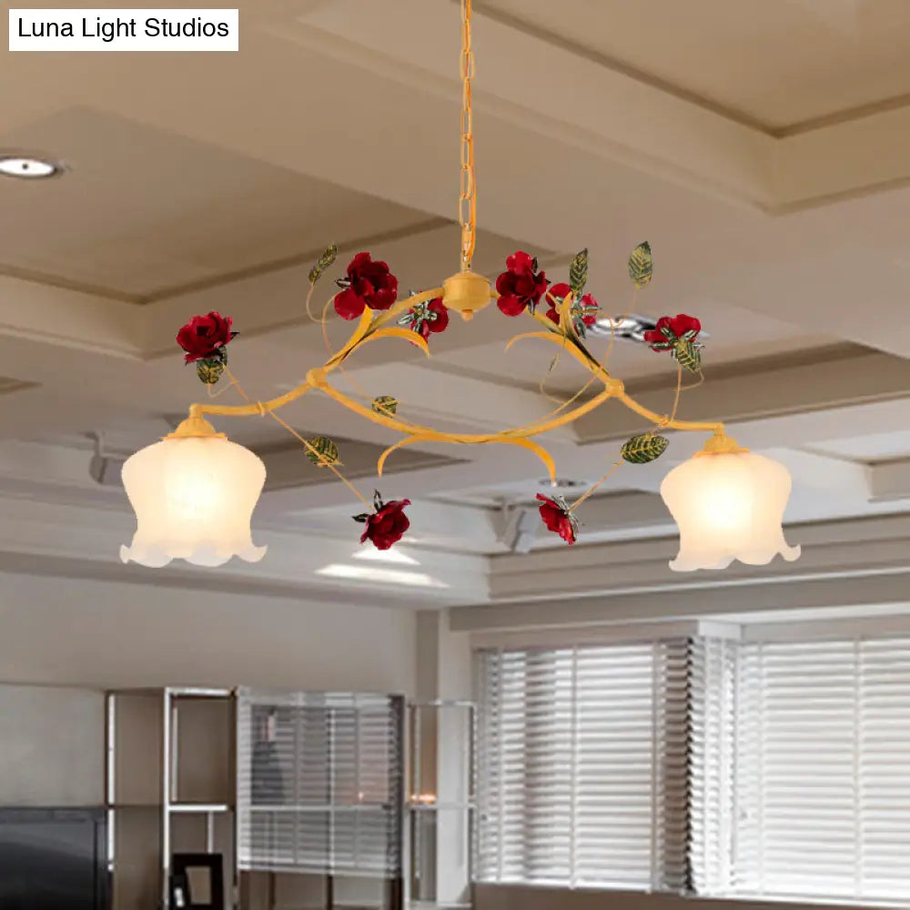 Korean Garden Frosted Glass Dining Room Chandelier Lighting - Ginger Floral Drop Pendant With 2/3