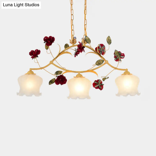 Korean Garden Frosted Glass Dining Room Chandelier Lighting - Ginger Floral Drop Pendant With 2/3