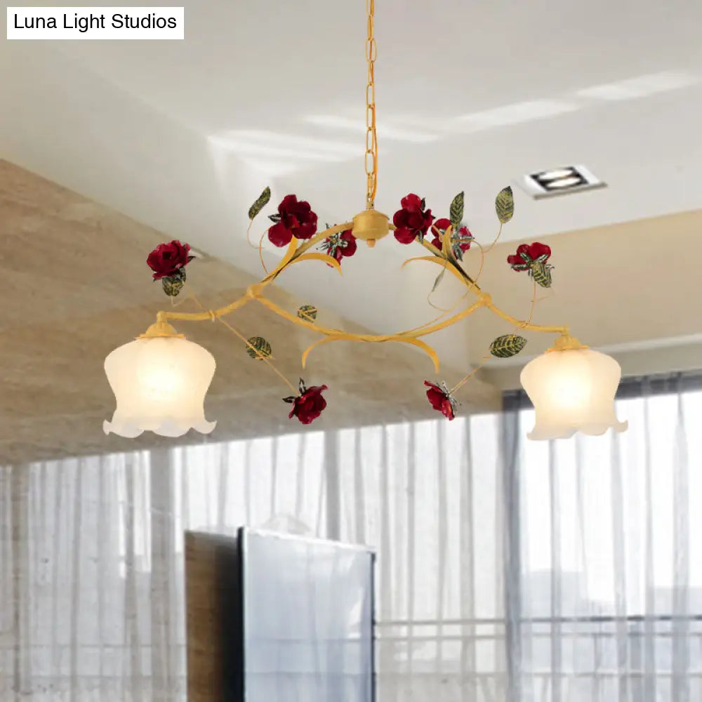 Korean Garden Frosted Glass Dining Room Chandelier Lighting - Ginger Floral Drop Pendant With 2/3