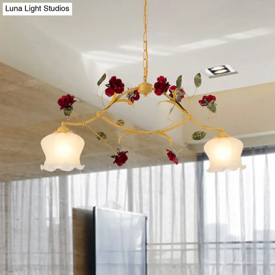 Korean Garden Frosted Glass Dining Room Chandelier Lighting - Ginger Floral Drop Pendant With 2/3