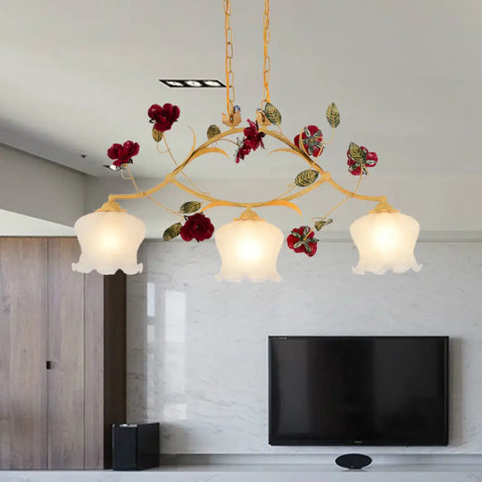 Korean Garden Frosted Glass Dining Room Chandelier Lighting - Ginger Floral Drop Pendant With 2/3