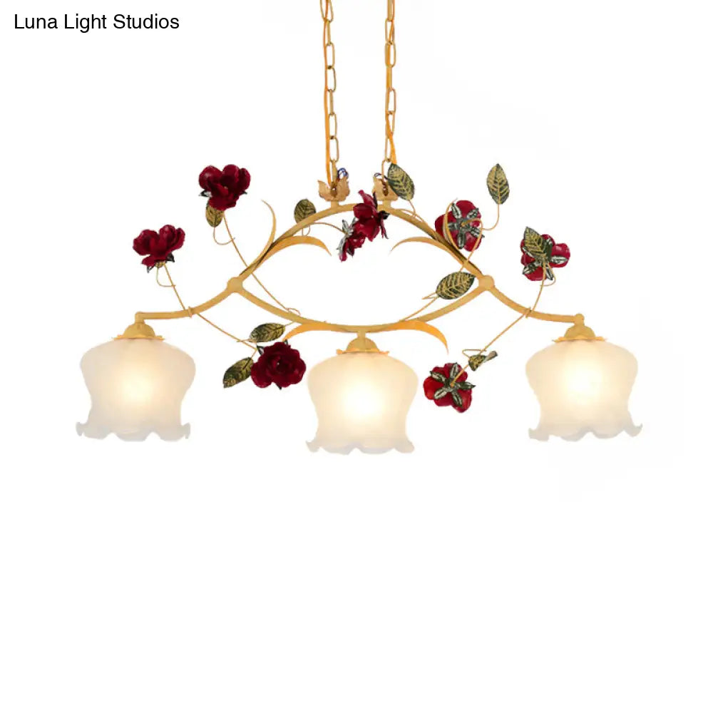 Korean Garden Frosted Glass Dining Room Chandelier Lighting - Ginger Floral Drop Pendant With 2/3