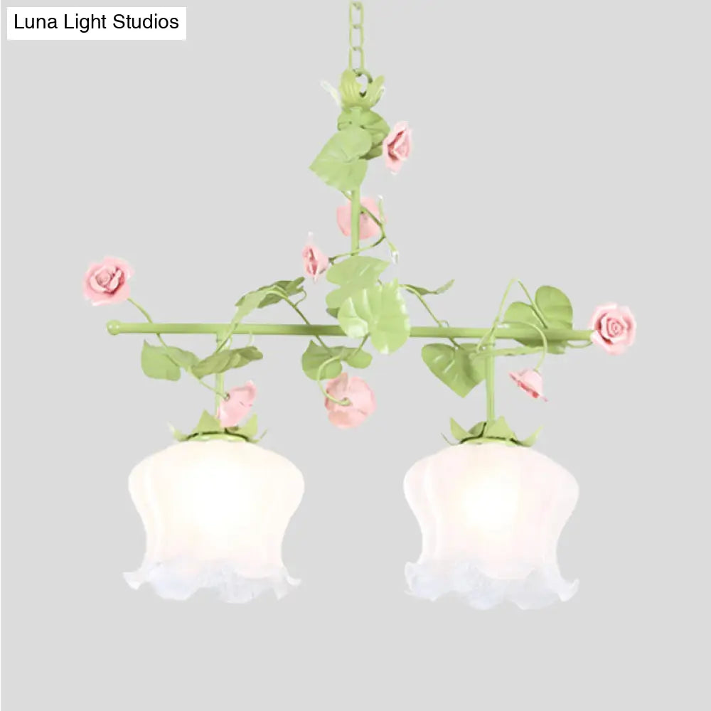 Korean Garden Hanging Light Fixture With White Glass And Floral Design