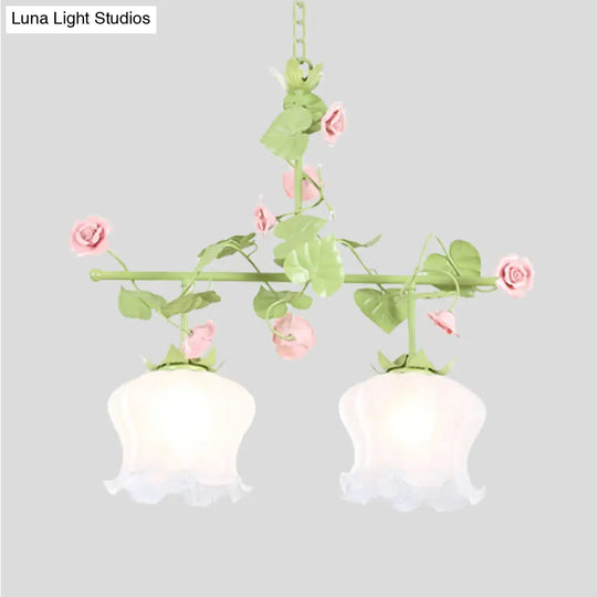 Korean Garden Hanging Light Fixture With White Glass And Floral Design