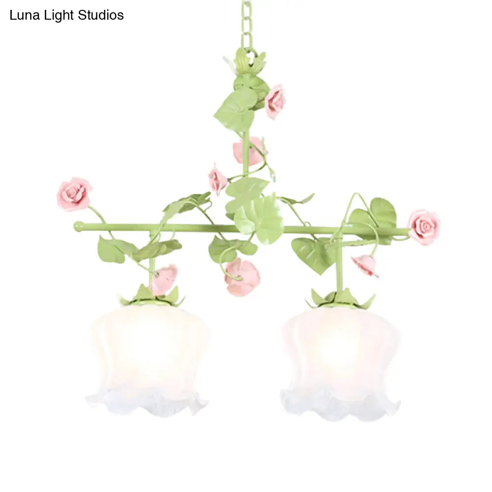 Korean Garden Hanging Light Fixture With White Glass And Floral Design