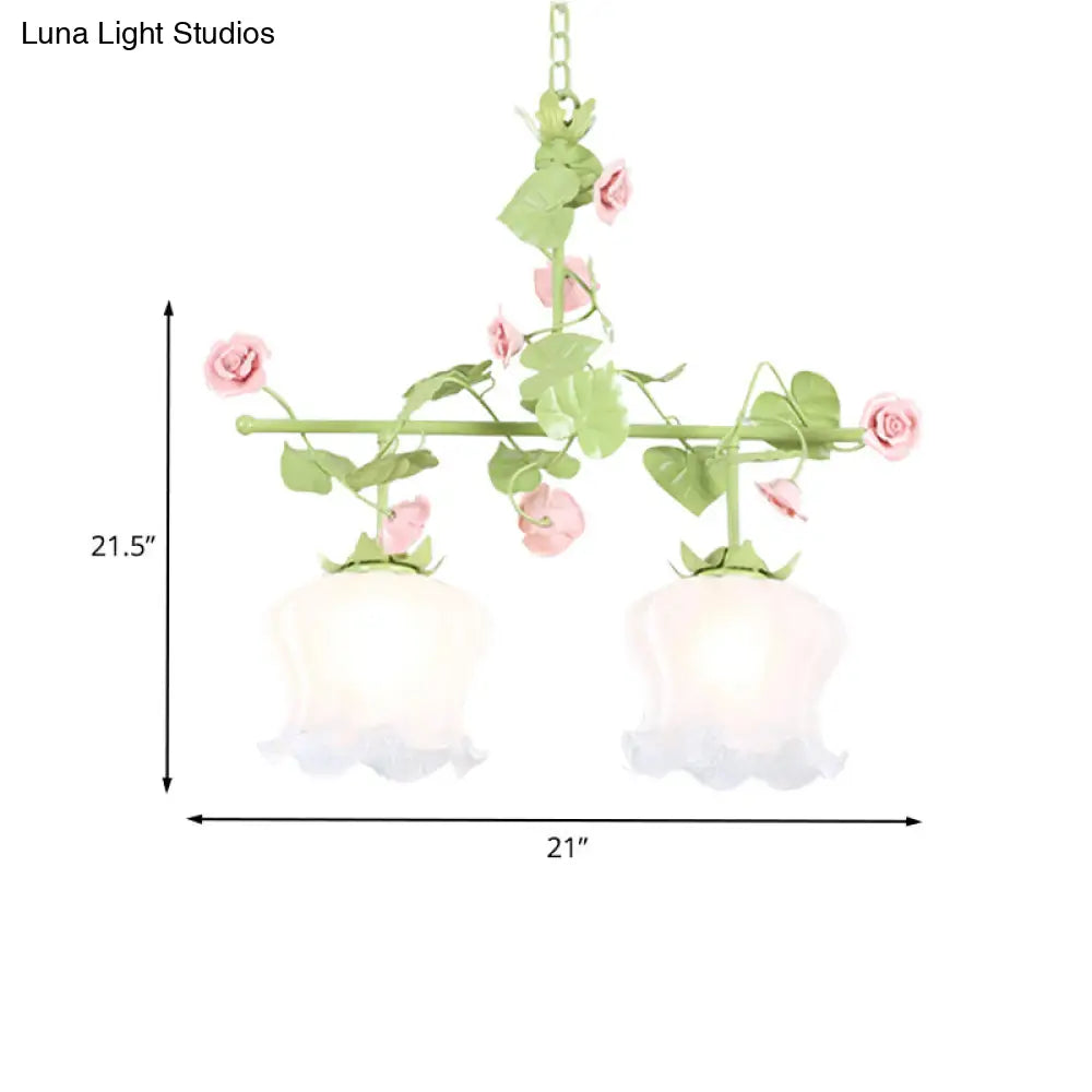 Korean Garden Floral Living Room Island Lamp With White Glass Shades Green Hanging Light Fixture (2