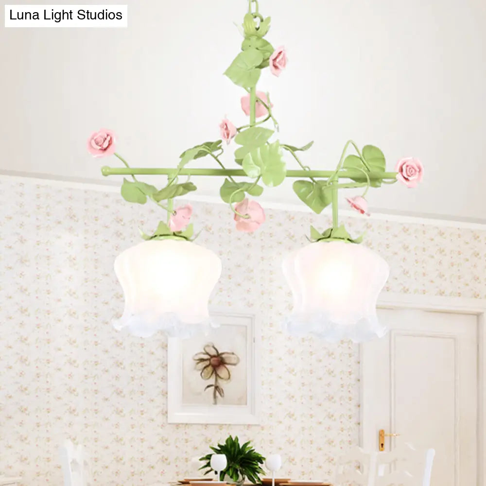 Korean Garden Hanging Light Fixture With White Glass And Floral Design