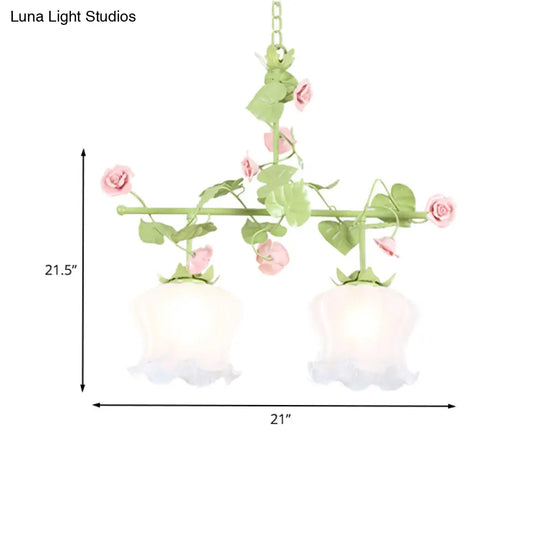 Korean Garden Hanging Light Fixture With White Glass And Floral Design