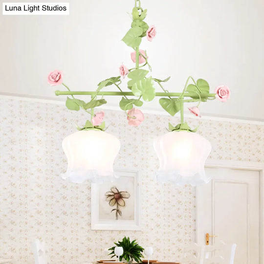 Korean Garden Floral Living Room Island Lamp With White Glass Shades Green Hanging Light Fixture (2