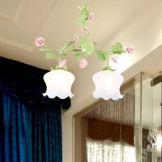 Korean Garden Hanging Light Fixture With White Glass And Floral Design Green