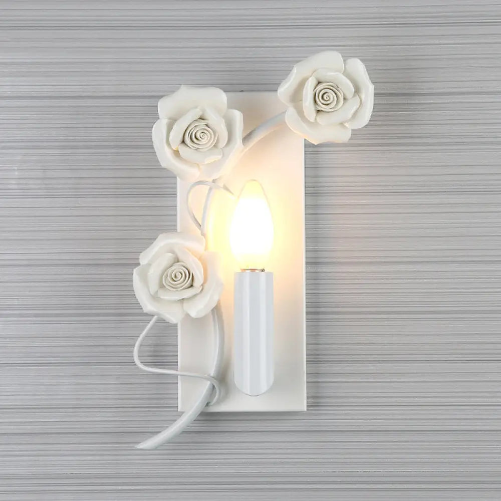 Korean Garden Iron Candle Sconce: White Wall Mount Lamp With Carved Rose Décor