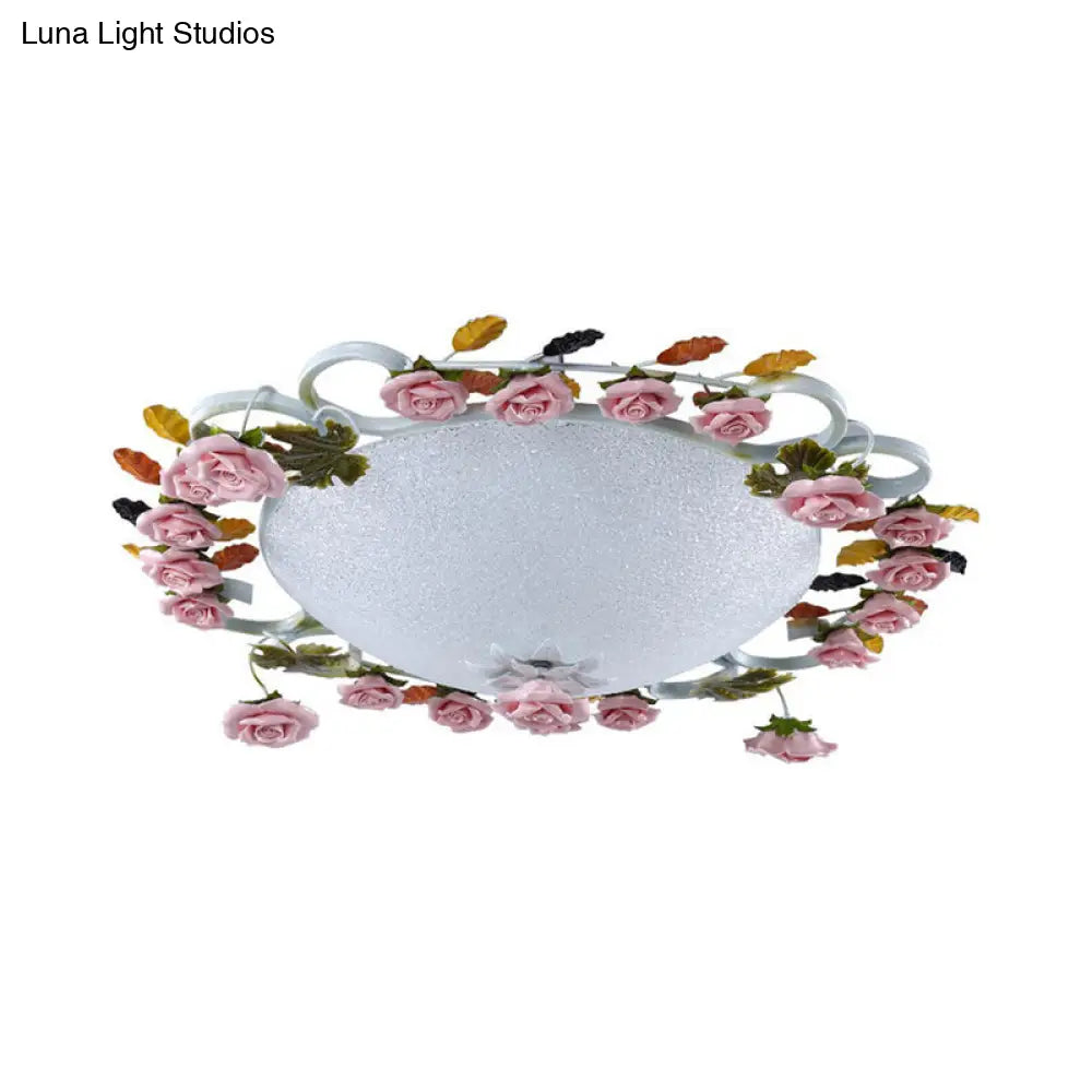 Korean Garden Led Flush Mount Ceiling Light With Pink Rose Accents - White Glass 23.5/27.5 Width