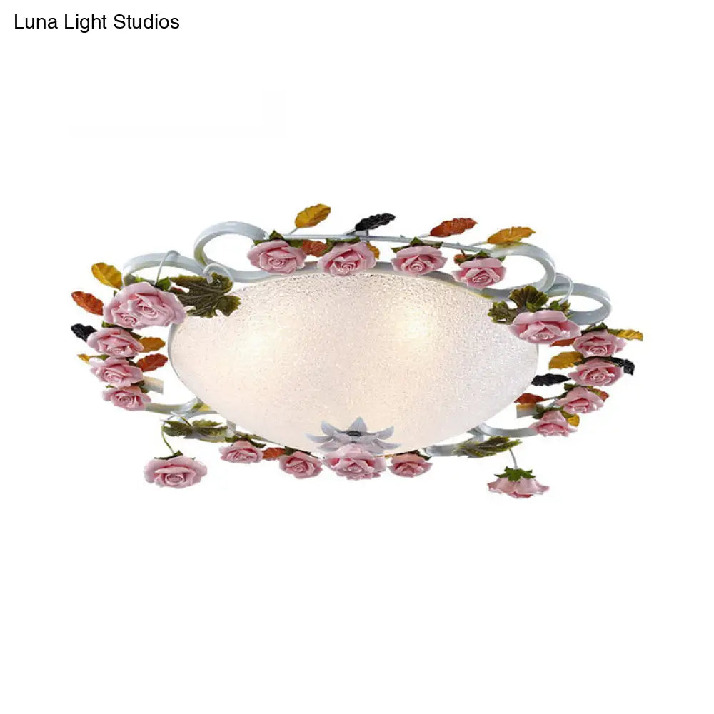 Korean Garden Led Flush Mount Ceiling Light With Pink Rose Accents - White Glass 23.5/27.5 Width