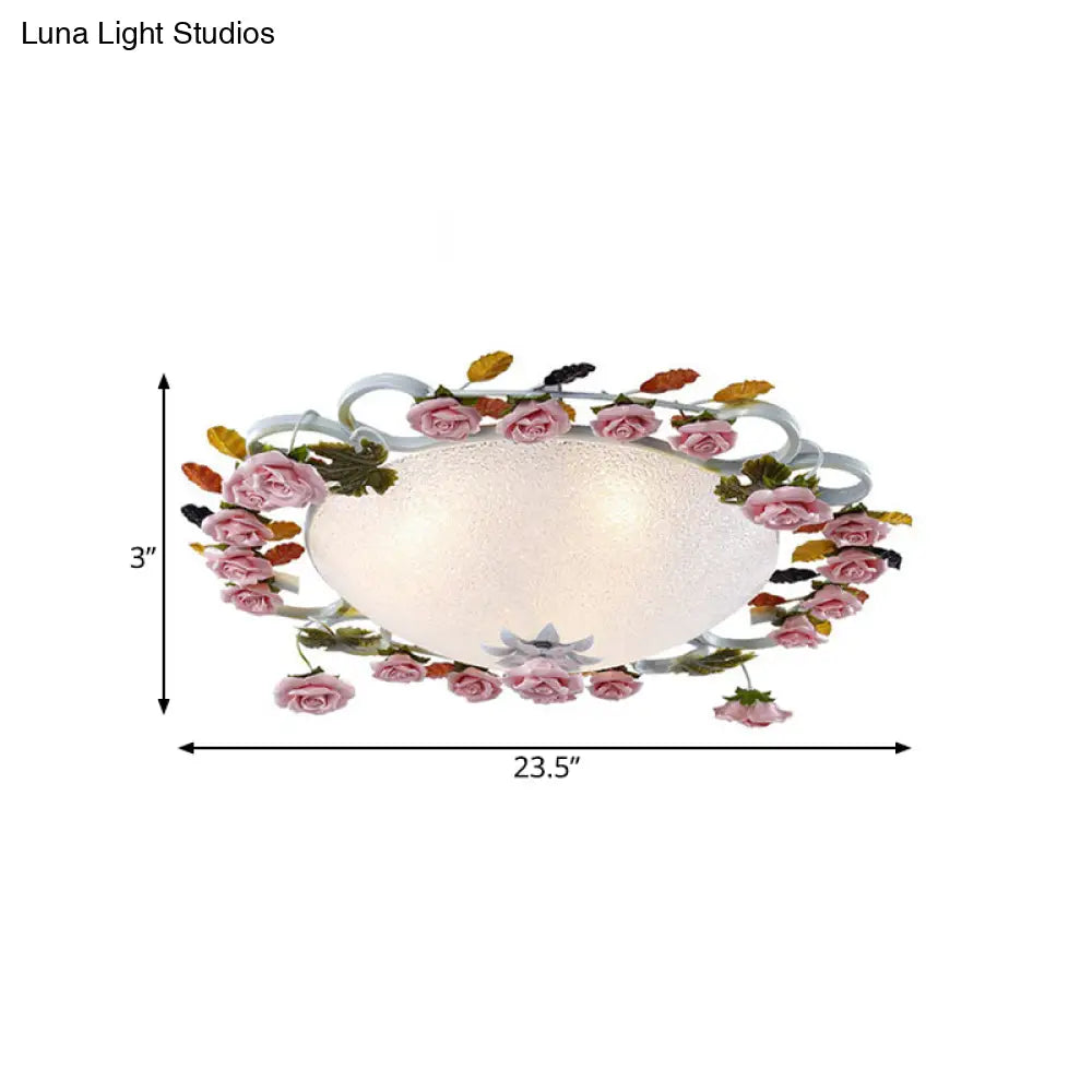 Korean Garden Led Flush Mount Ceiling Light With Pink Rose Accents - White Glass 23.5’/27.5’ Width