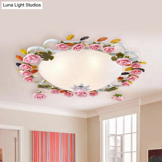 Korean Garden Led Flush Mount Ceiling Light With Pink Rose Accents - White Glass 23.5/27.5 Width /