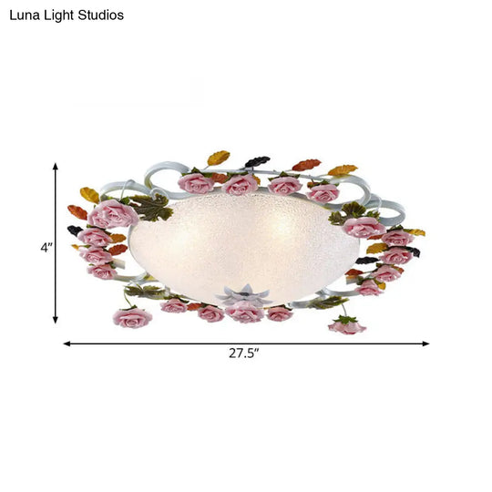 Korean Garden Led Flush Mount Ceiling Light With Pink Rose Accents - White Glass 23.5/27.5 Width