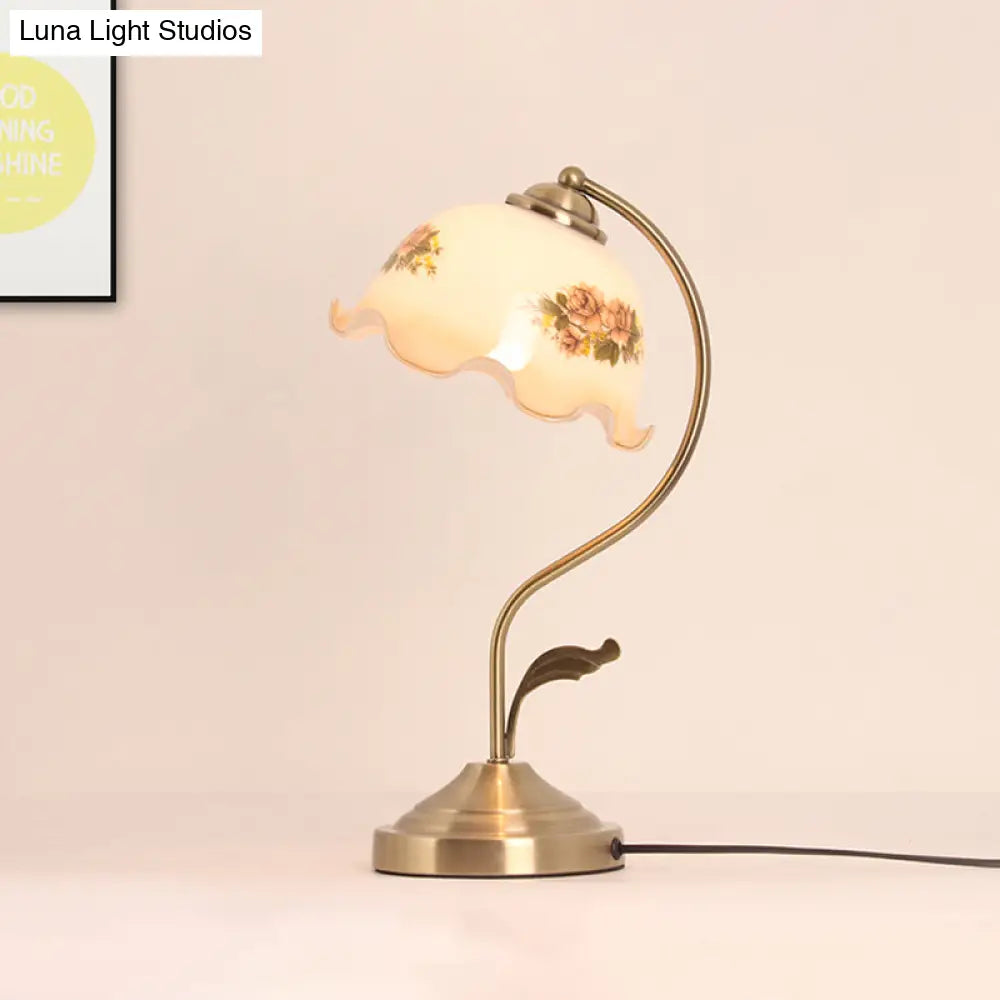 Korean Garden Metal 1-Bulb Brass Gooseneck Nightstand Lamp With Flower Glass Shade