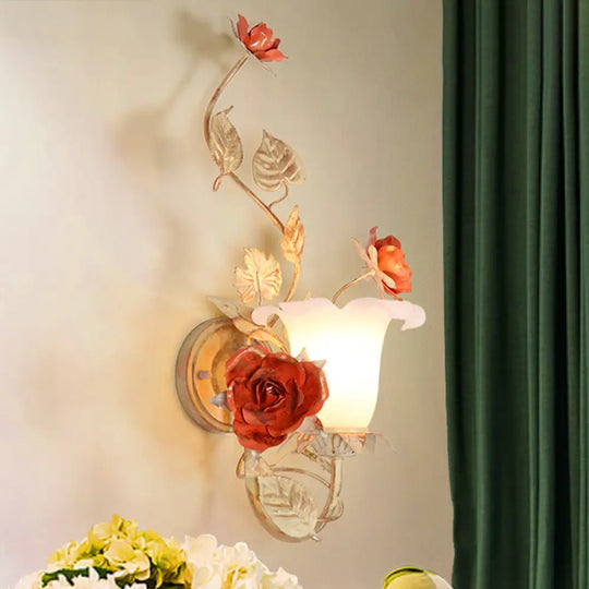 Korean Garden Metal Flared Wall Mount Light Fixture With Flower For Living Room - Coffee