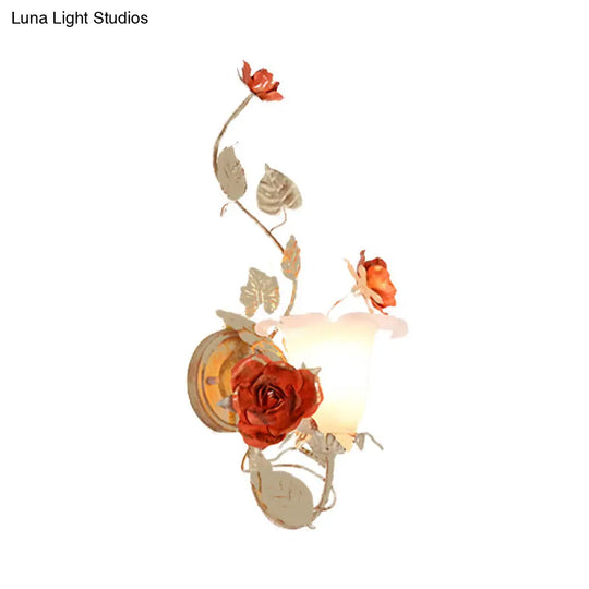 Korean Garden Metal Flared Wall Mount Light Fixture With Flower For Living Room - Coffee