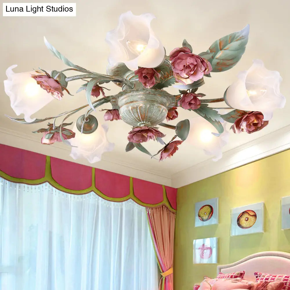 Korean Garden Metal Spiral Ceiling Lighting With Flush Mount - Green & Rose: 3/5/8 Heads Bedroom