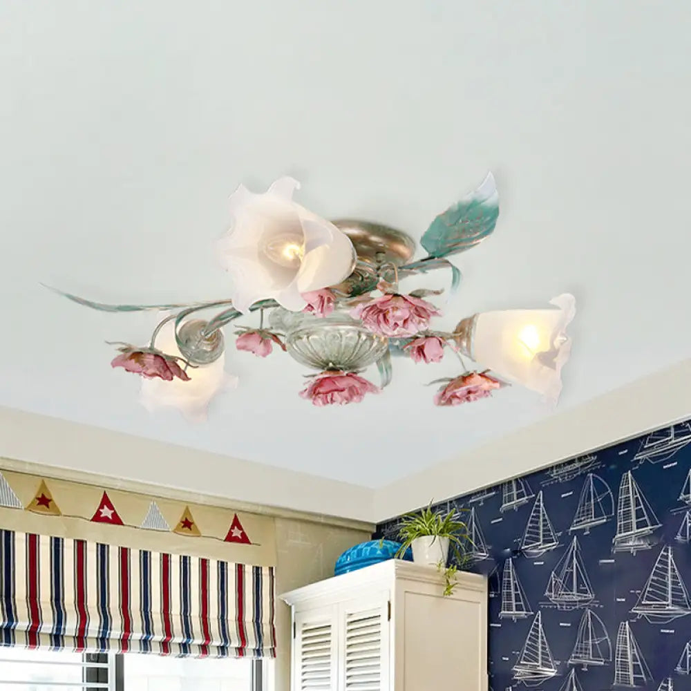 Korean Garden Metal Spiral Ceiling Lighting With Flush Mount - Green & Rose: 3/5/8 Heads Bedroom