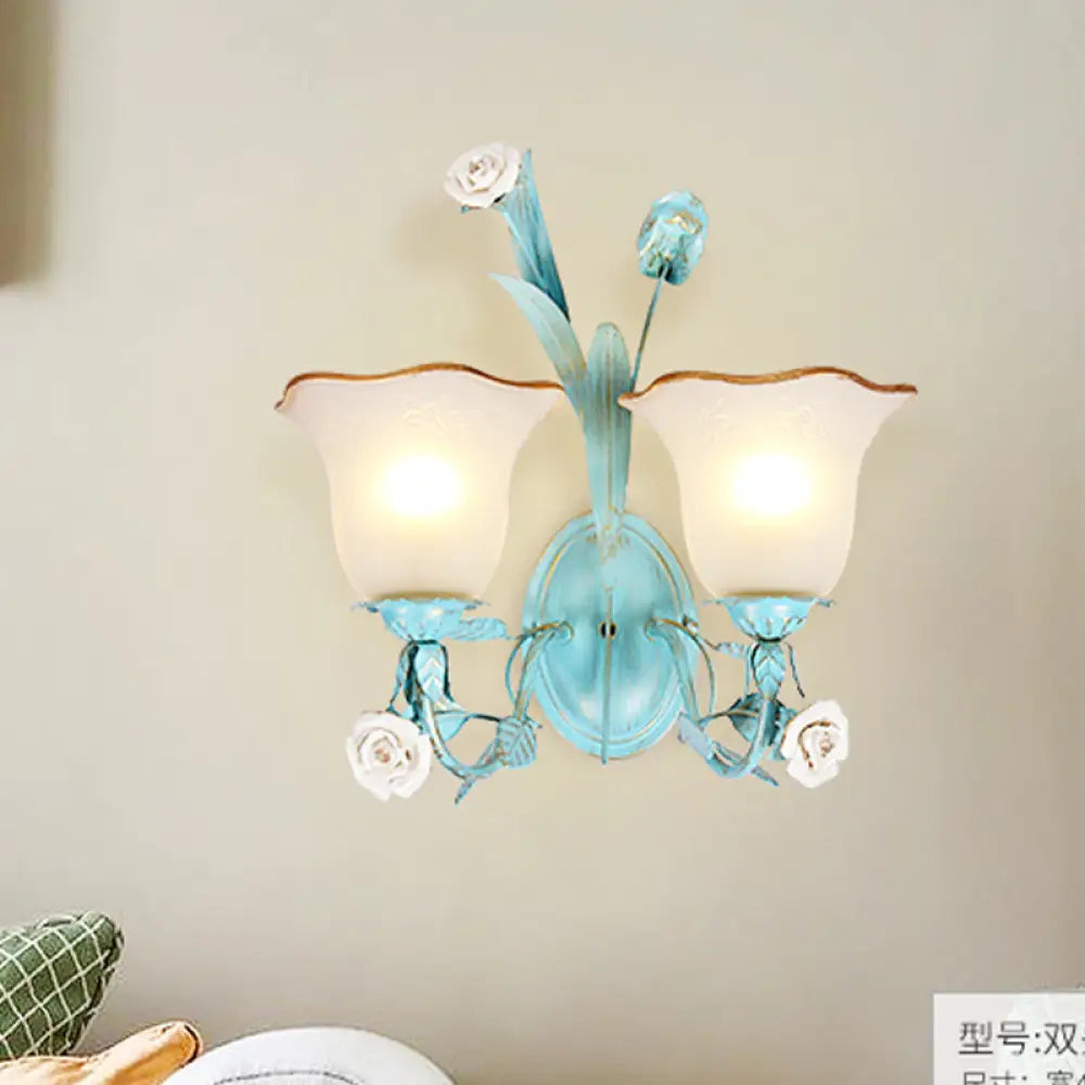 Korean Garden Metal Wall Sconce In Blue For Bedroom Lighting - 1/2 Lights 2 /