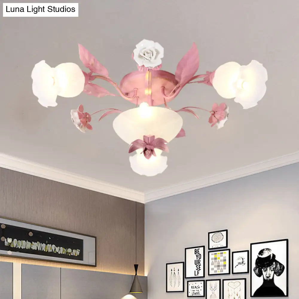 Korean Garden Opal Glass Semi - Flush Ceiling Light - Pink Blossom Design | Mounts Flush In