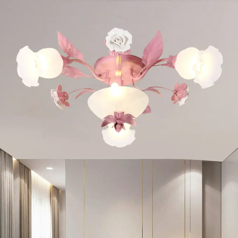 Korean Garden Opal Glass Semi - Flush Ceiling Light - Pink Blossom Design | Mounts Flush In