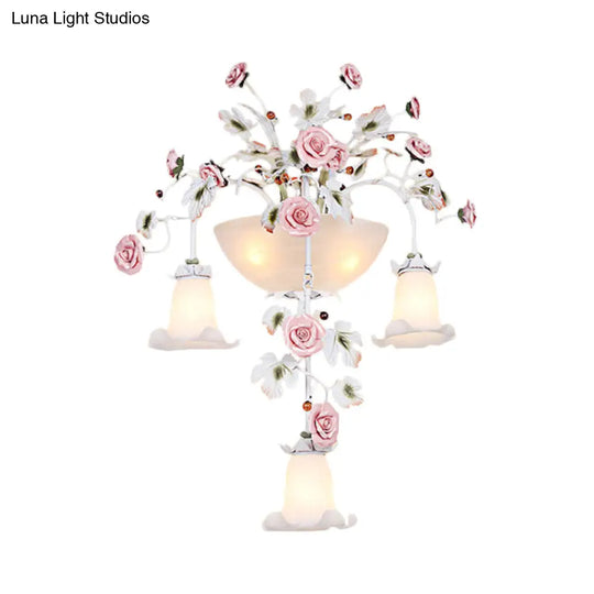 Korean Garden Pink Wall Light With White Floral Glass Sconce - 5 Heads For Hallway Lighting