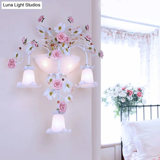 Korean Garden Pink Wall Light With White Floral Glass Sconce - 5 Heads For Hallway Lighting