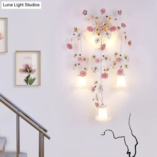 Korean Garden Pink Wall Light With White Floral Glass Sconce - 5 Heads For Hallway Lighting