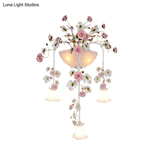 Korean Garden Pink Wall Light With White Floral Glass Sconce - 5 Heads For Hallway Lighting