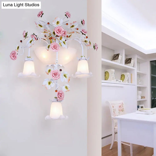 Korean Garden Pink Wall Light With White Floral Glass Sconce - 5 Heads For Hallway Lighting