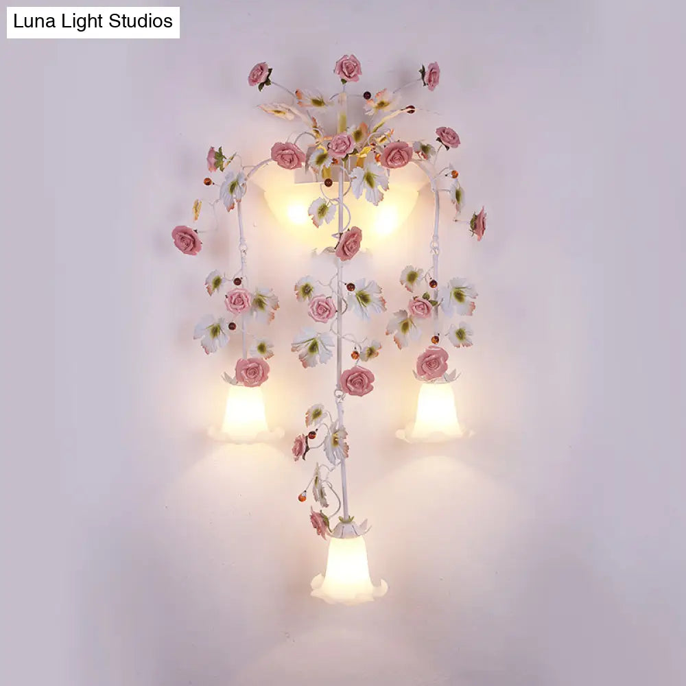 Korean Garden Pink Wall Light With White Floral Glass Sconce - 5 Heads For Hallway Lighting