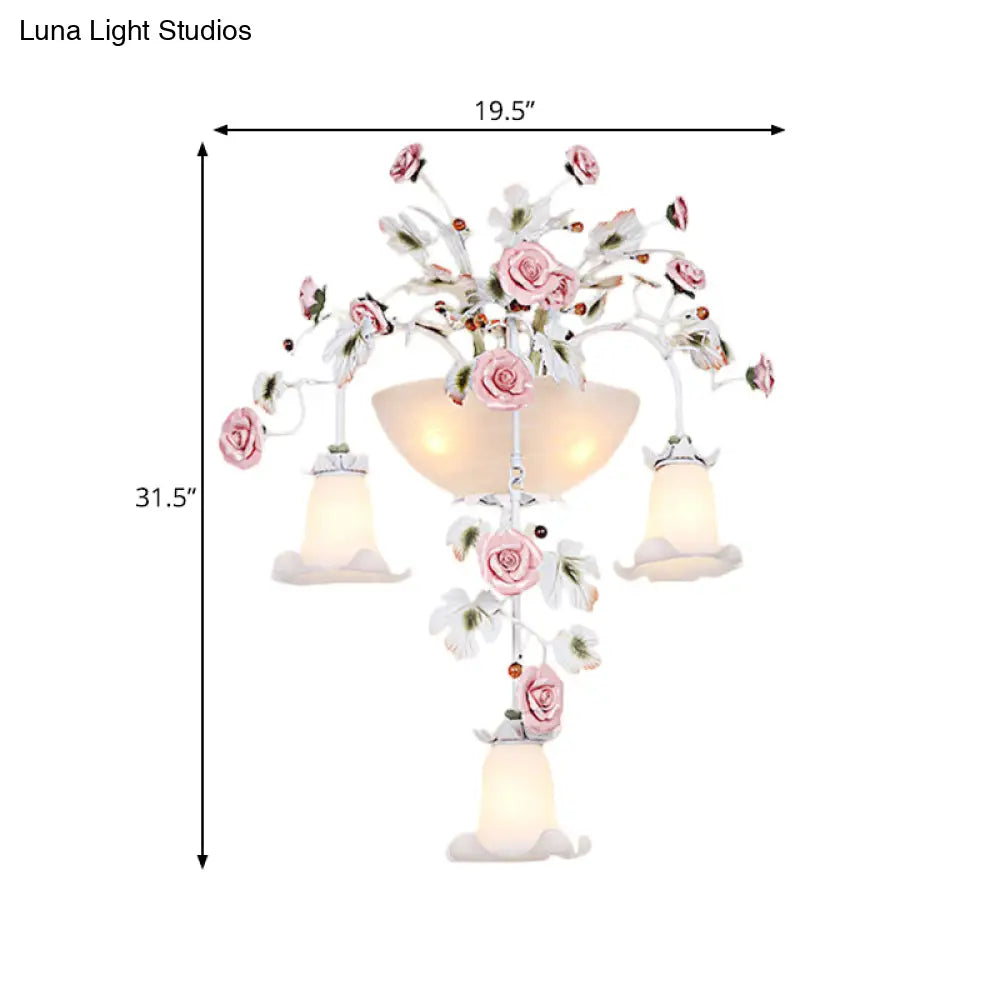 Korean Garden Pink Wall Light With White Floral Glass Sconce - 5 Heads For Hallway Lighting