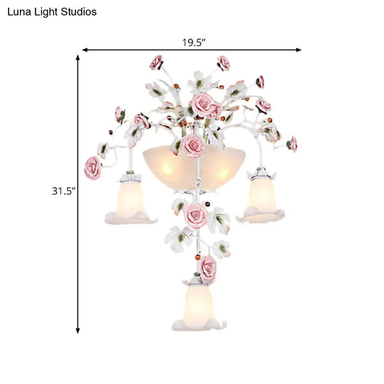 Korean Garden Pink Wall Light With White Floral Glass Sconce - 5 Heads For Hallway Lighting