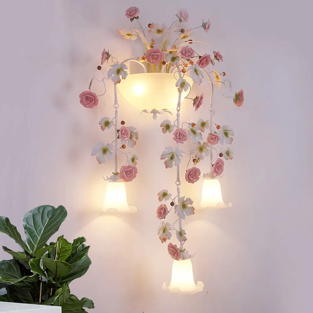 Korean Garden Pink Wall Light With White Floral Glass Sconce - 5 Heads For Hallway Lighting / B