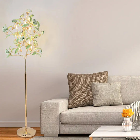 Korean Garden Rose Ceramic Led Floor Lamp With Crystal Accents - Perfect For Living Room Lighting