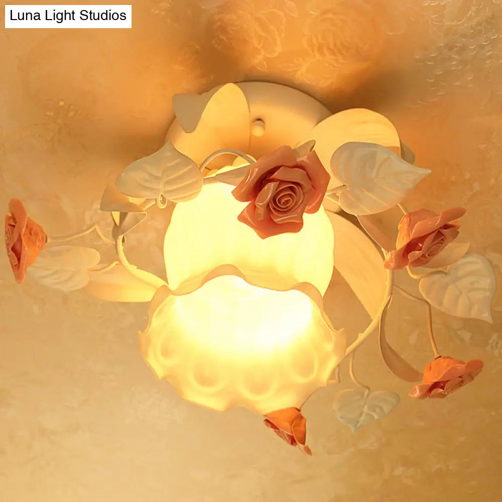 Korean Garden Ruffle Semi Flush Mount Lamp - Elegant Flower Deco White Frosted Glass Ceiling Light