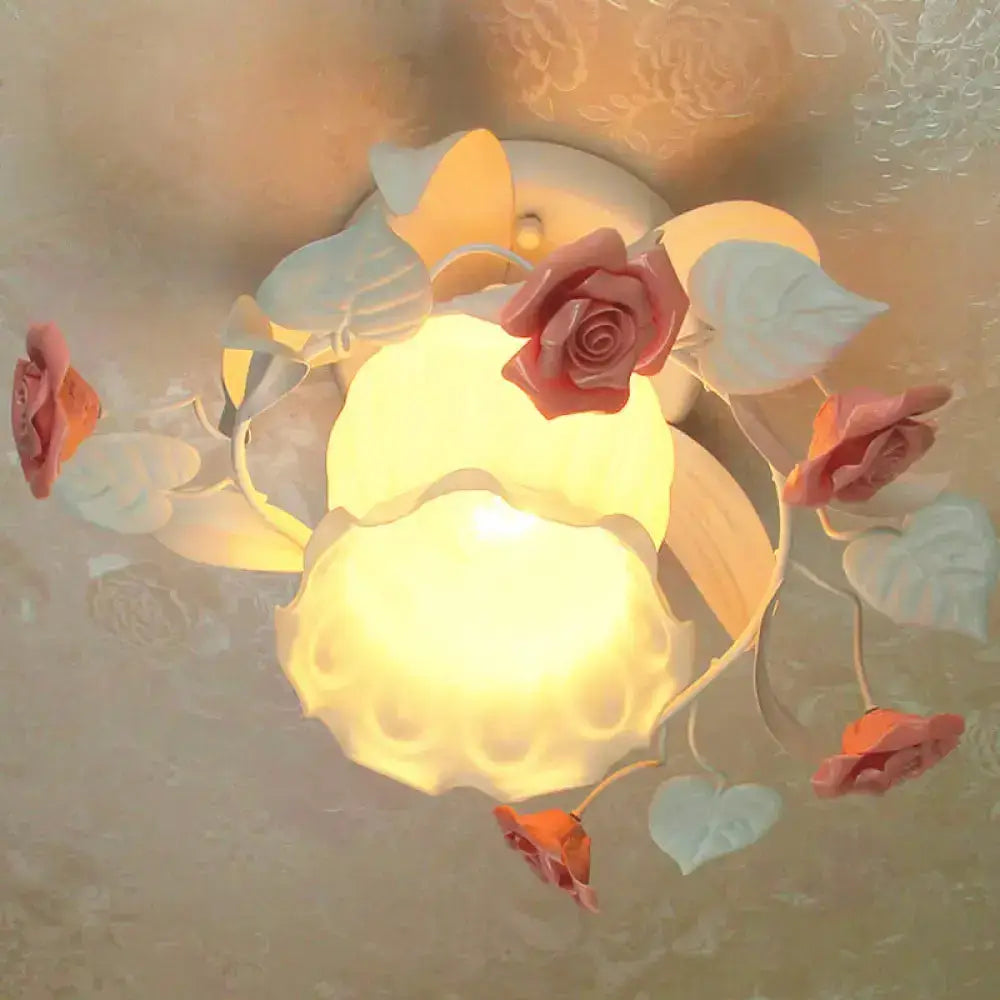 Korean Garden Ruffle Semi Flush Mount Lamp - Elegant Flower Deco White Frosted Glass Ceiling Light