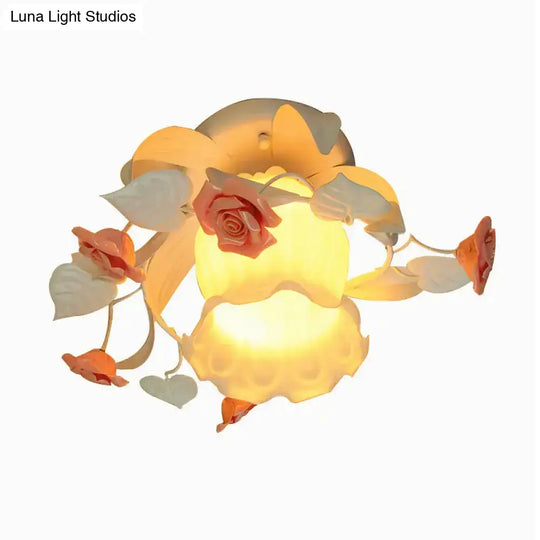 Korean Garden Ruffle Semi Flush Mount Lamp - Elegant Flower Deco White Frosted Glass Ceiling Light