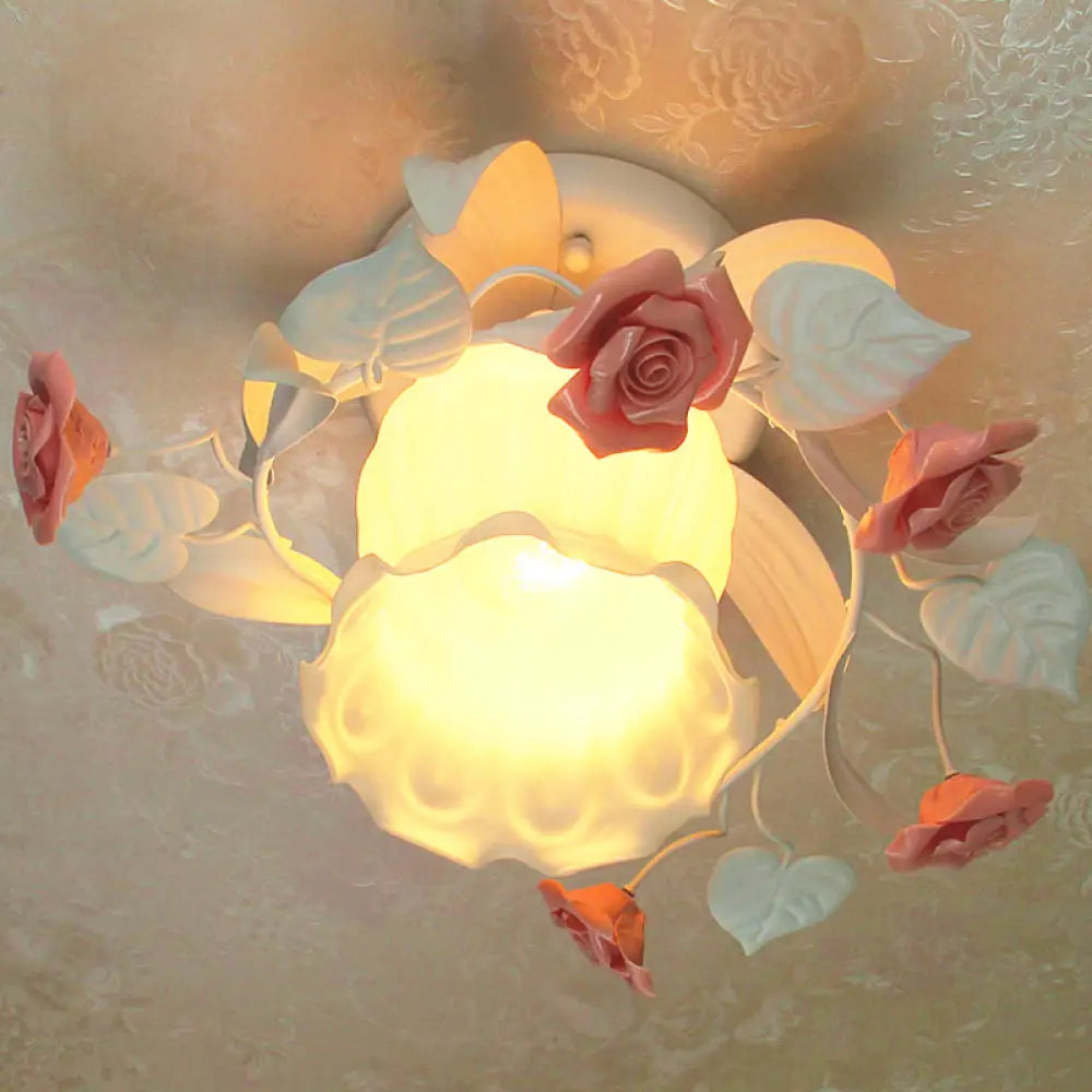 Korean Garden Ruffle Semi Flush Mount Lamp - Elegant Flower Deco White Frosted Glass Ceiling Light
