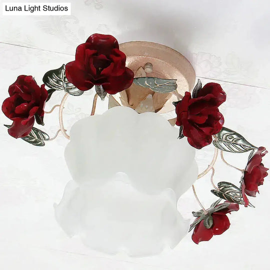 Korean Garden Ruffle Semi Flush Mount Lamp - Frost White Glass Ceiling Light With Red Rose Deco