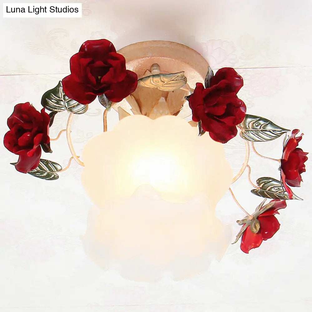 Korean Garden Ruffle Semi Flush Mount Lamp - Frost White Glass Ceiling Light With Red Rose Deco