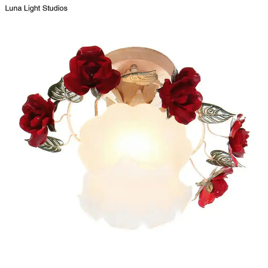 Korean Garden Ruffle Semi Flush Mount Lamp - Frost White Glass Ceiling Light With Red Rose Deco