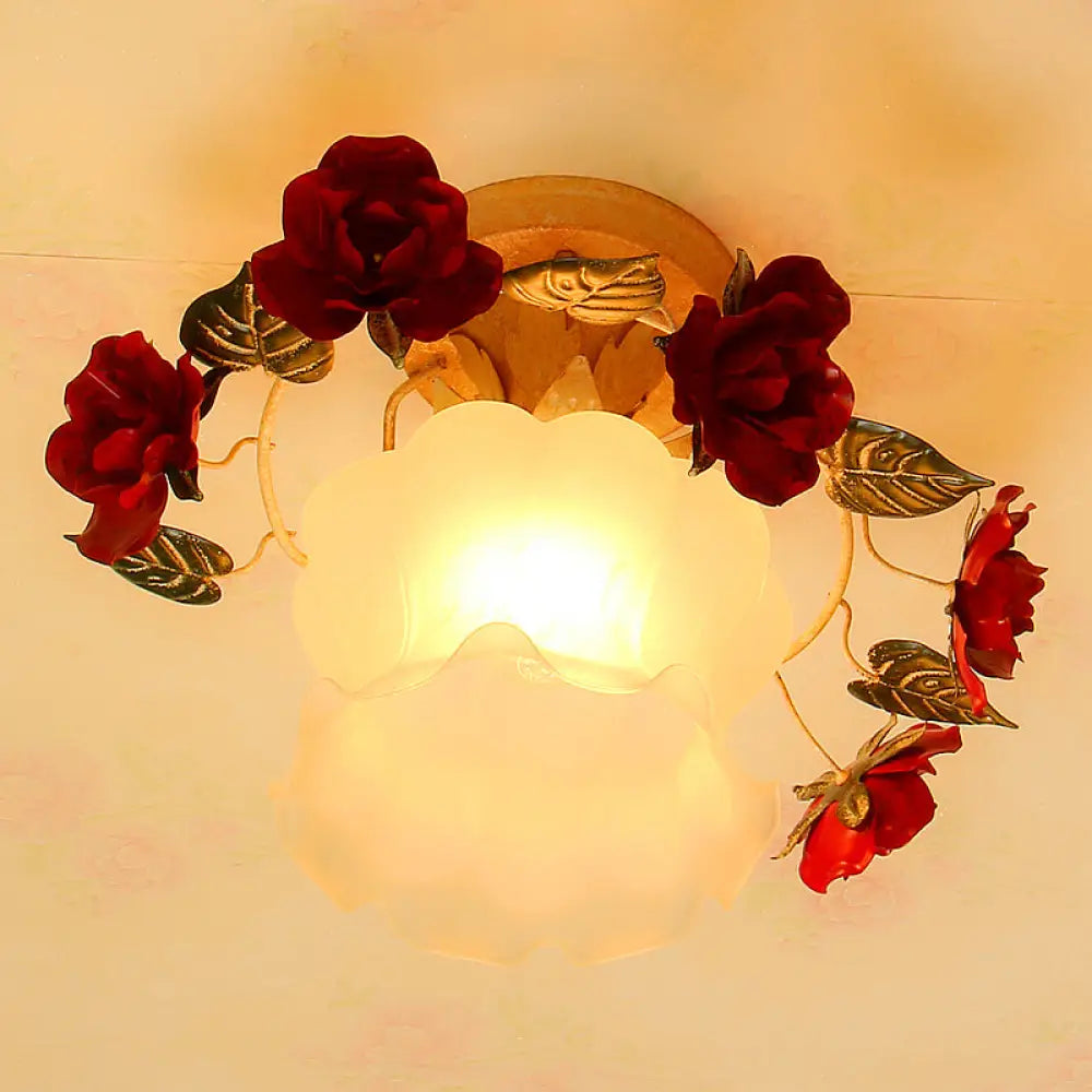 Korean Garden Ruffle Semi Flush Mount Lamp - Frost White Glass Ceiling Light With Red Rose Deco