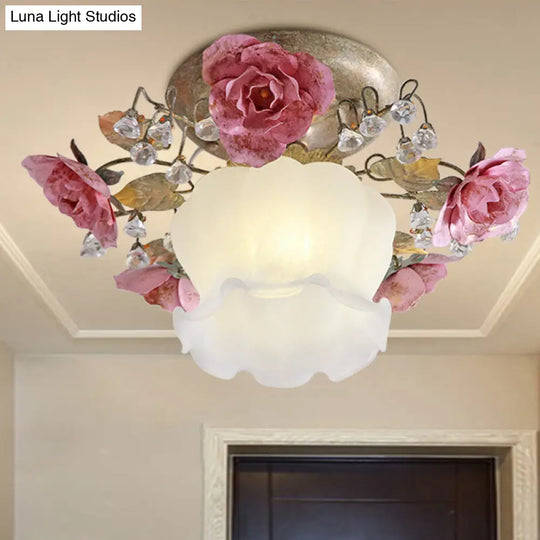 Korean Garden Scalloped Metal Ceiling Lamp - White 1-Light Hall Flower Fixture