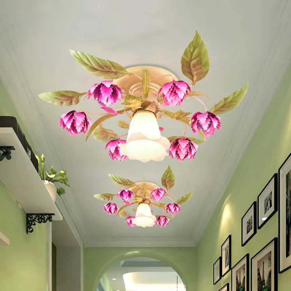 Korean Garden Semi Flush Ceiling Light With Frosted Glass Flowering Design In Rose Red For Corridor